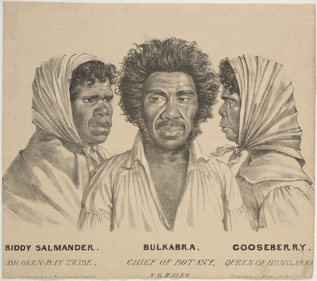 Biddy Salmander of Broken Bay Tribe; Bulkabra, Chief of Botany and Gooseberry, Queen of Bungaree by Charles Rodius 1834. SLNSW